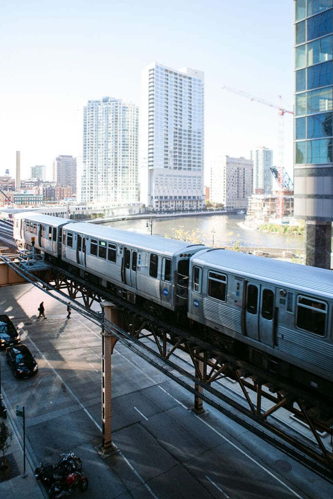 Architectural view of Chicago with the train and a river running through taken by a Los Angeles commercial photographer